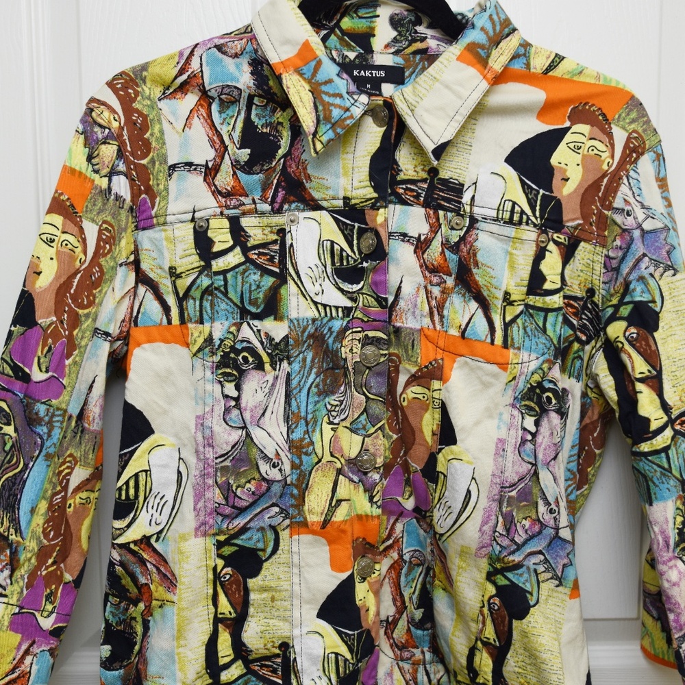 Kaktus Jacket Womens Medium Picasso Abstract Art Print Linen Button Front Lined